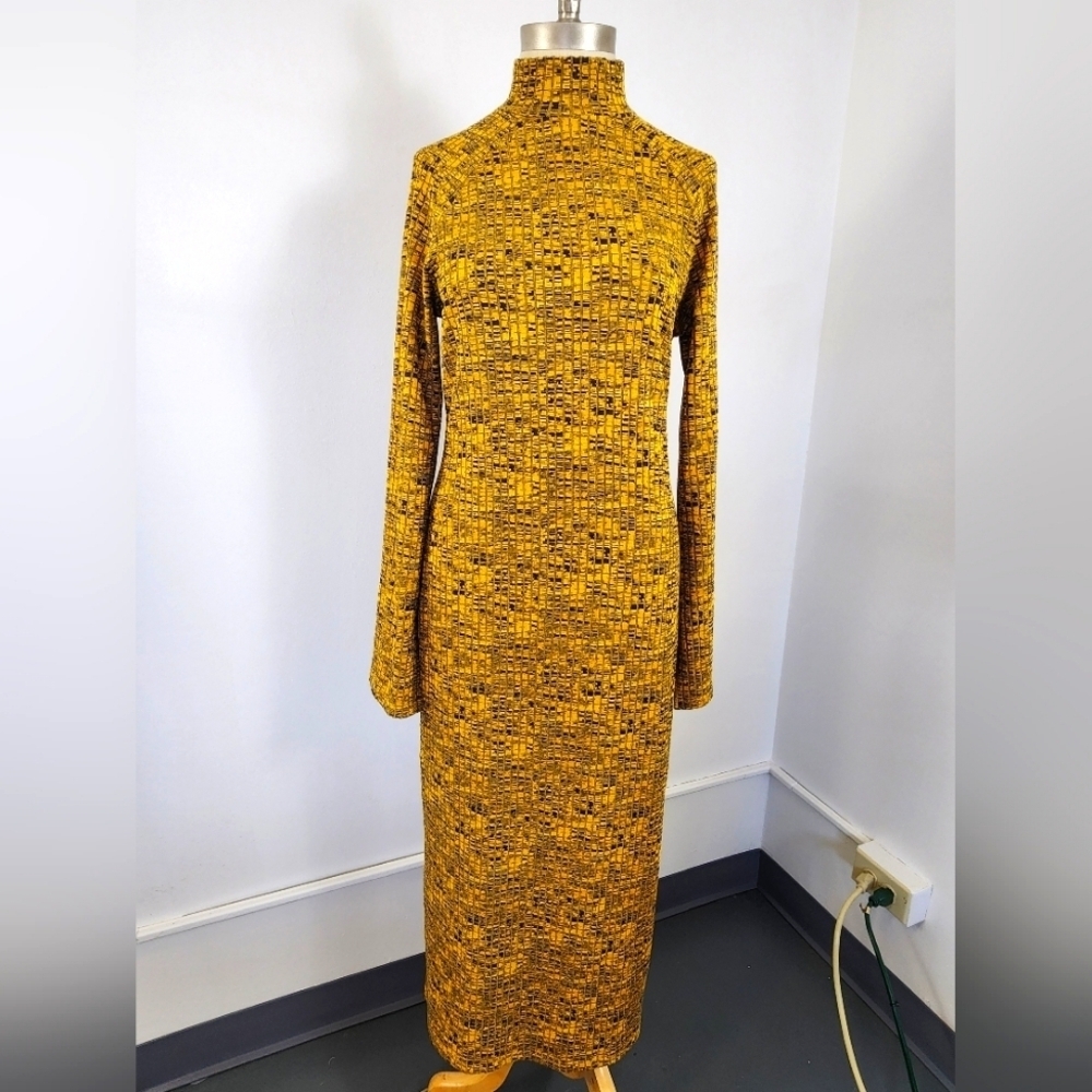 H&M Yellow Black Textured Knit Mock Neck Midi Dress Long Sleeve Size Medium